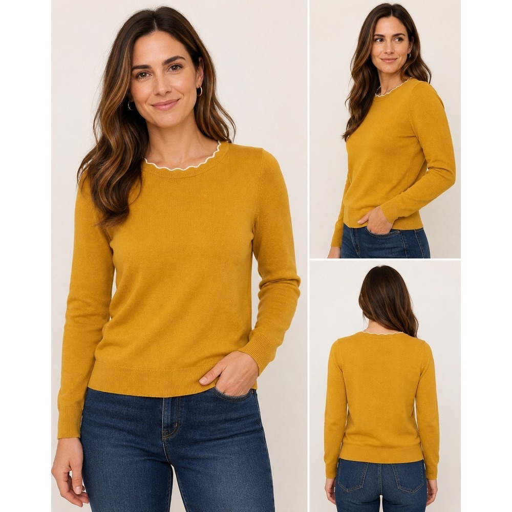 Banana Republic Women's Small Mustard Scalloped Trim Crew Neck Sweater S
